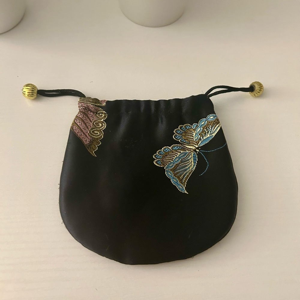 Vintage Satin Butterfly Embroidered Drawstring Pouch Bag